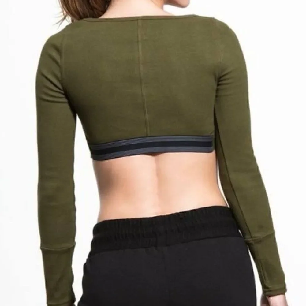 Free People Movement Long Sleeve Ribbed Knit Knot Front Cropped Top Size L Green